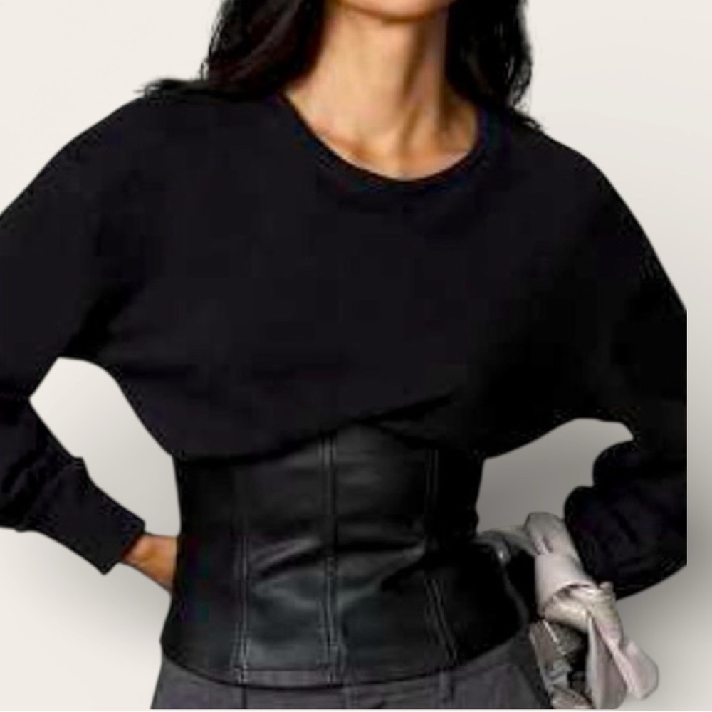 Anthropologie Pilcro Faux Leather Corset Sweatshirt Women Small in Black